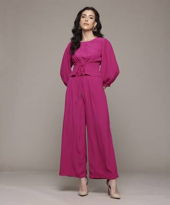 Fuchsia enora solid top with pant co-ord set by label ritu kumar 4