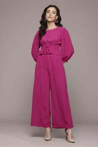 Fuchsia enora solid top with pant co-ord set by label ritu kumar