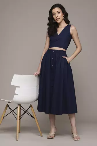 Navy dorena top with skirt co-ord set by label ritu kumar