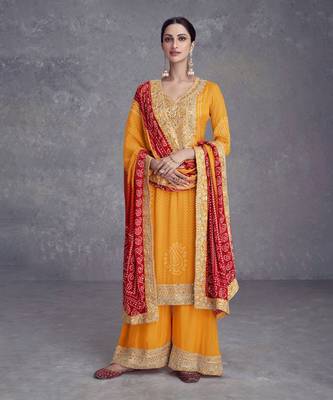 Chinon Yellow digital printed festive wear salwar suit 1