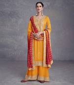 Chinon Yellow digital printed festive wear salwar suit