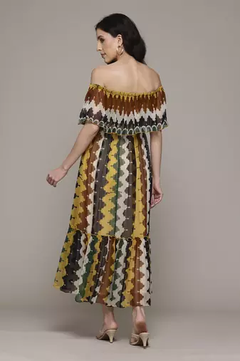 Multi color auriane off-shoulder long dress by label ritu kumar