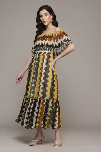 Multi color auriane off-shoulder long dress by label ritu kumar