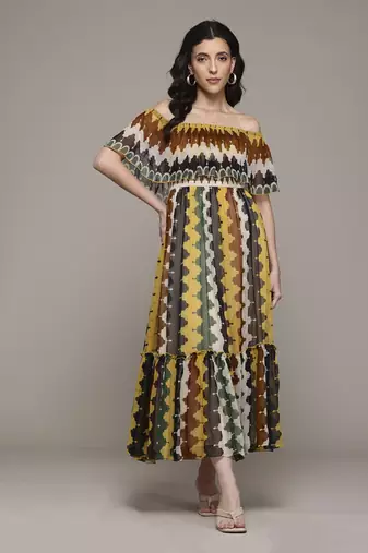 Multi color auriane off-shoulder long dress by label ritu kumar