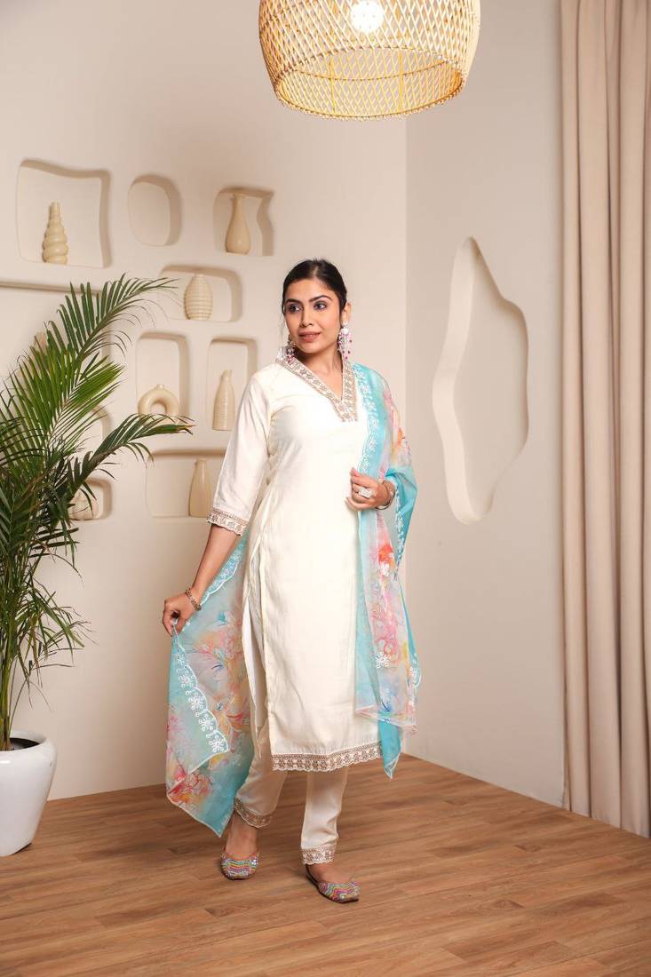 White Women's Chanderi Cotton Fabric Straight Kurta, Pant and Dupatta Set