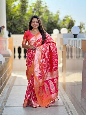 Pink soft Silk Blend saree with zari weaving meenakari design 1