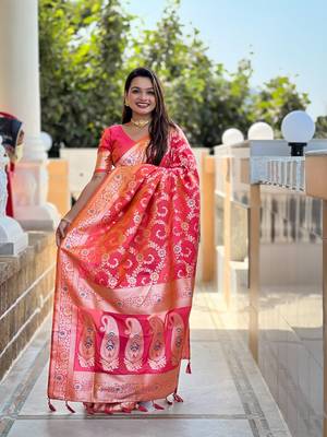 Pink soft Silk Blend saree with zari weaving meenakari design 2