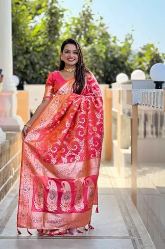 Pink soft Silk Blend saree with zari weaving meenakari design