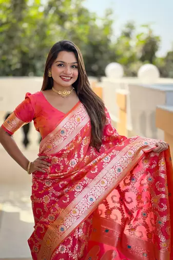 Pink soft Silk Blend saree with zari weaving meenakari design