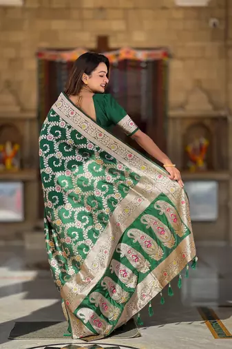 Green soft Silk Blend saree with zari weaving meenakari design