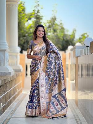 Grey soft Silk Blend saree with zari weaving meenakari design 1