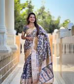 Grey soft Silk Blend saree with zari weaving meenakari design
