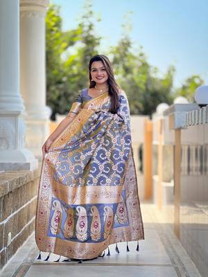 Grey soft Silk Blend saree with zari weaving meenakari design 2