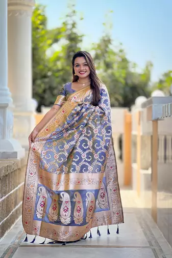 Grey soft Silk Blend saree with zari weaving meenakari design