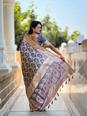 Grey soft Silk Blend saree with zari weaving meenakari design 3