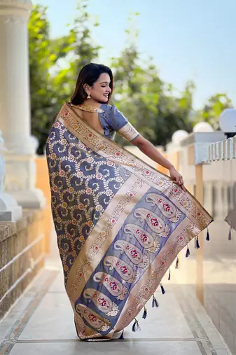 Grey soft Silk Blend saree with zari weaving meenakari design
