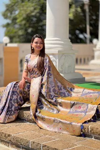 Grey soft Silk Blend saree with zari weaving meenakari design