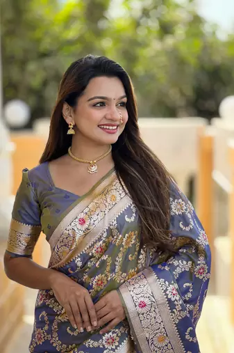 Grey soft Silk Blend saree with zari weaving meenakari design