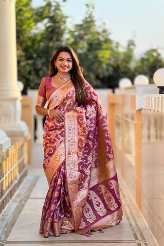 Onion pink soft Silk Blend saree with zari weaving meenakari design