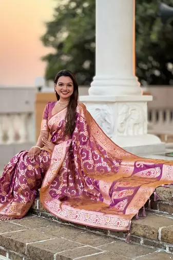 Onion pink soft Silk Blend saree with zari weaving meenakari design