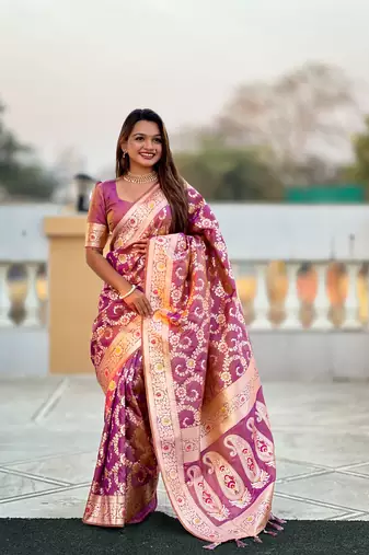 Onion pink soft Silk Blend saree with zari weaving meenakari design