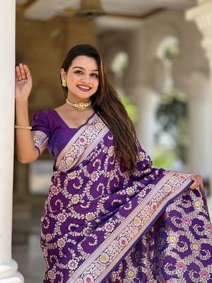 Purple soft Silk Blend saree with zari weaving meenakari design 2