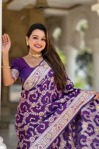 Purple soft Silk Blend saree with zari weaving meenakari design