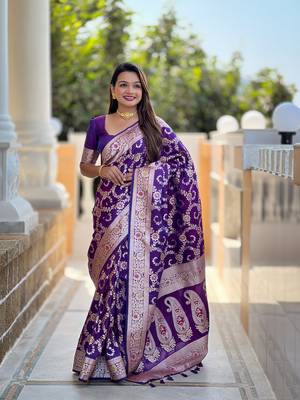 Purple soft Silk Blend saree with zari weaving meenakari design 4