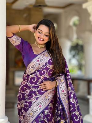 Purple soft Silk Blend saree with zari weaving meenakari design 5