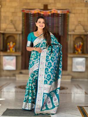 Sky blue soft Silk Blend saree with zari weaving meenakari design 1
