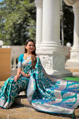 Sky blue soft Silk Blend saree with zari weaving meenakari design