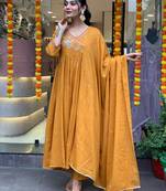 Orange Women's Viscose Chanderi Fabric Angrekha Kurta, Pant and Dupatta Set