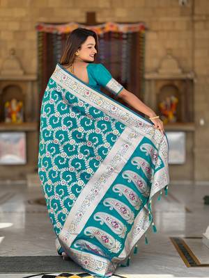 Sky blue soft Silk Blend saree with zari weaving meenakari design 4
