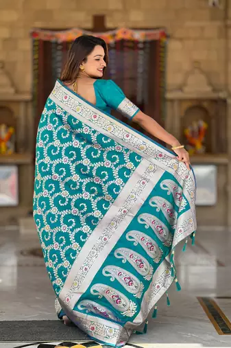 Sky blue soft Silk Blend saree with zari weaving meenakari design