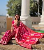 Rani pink soft Silk Blend saree with zari weaving meenakari design