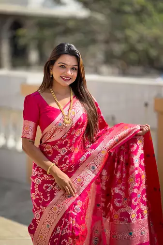 Rani pink soft Silk Blend saree with zari weaving meenakari design