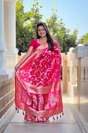 Rani pink soft Silk Blend saree with zari weaving meenakari design
