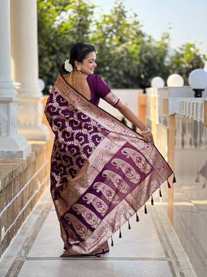 Wine soft Silk Blend saree with zari weaving meenakari design 2