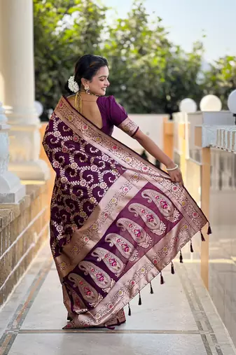 Wine soft Silk Blend saree with zari weaving meenakari design