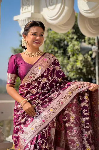 Wine soft Silk Blend saree with zari weaving meenakari design