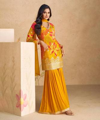 Mustard Embroidered Chiffon Palazzo Suit with Net Dupatta 1