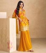 Mustard Embroidered Chiffon Palazzo Suit with Net Dupatta