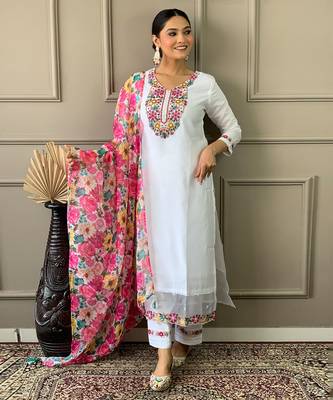 White Woven Embroidered Chanderi Fabric Straight Kurta, Pant and Dupatta Set 1