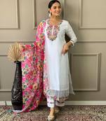 White Woven Embroidered Chanderi Fabric Straight Kurta, Pant and Dupatta Set