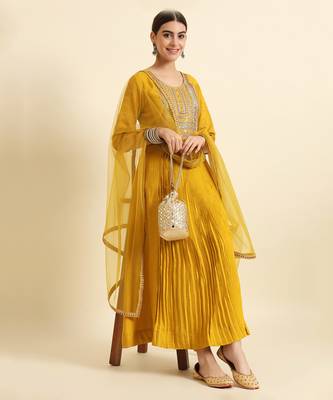 Mustard Yellow Sequence Embroidered Pure Chanderi Silk Anarkali Flare Kurta With Pant & Dupatta Set 1