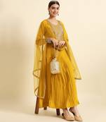 Mustard Yellow Sequence Embroidered Pure Chanderi Silk Anarkali Flare Kurta With Pant & Dupatta Set