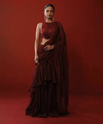 Maroon ruffle saree set 1