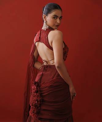 Maroon ruffle saree set 2