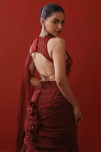 Maroon ruffle saree set