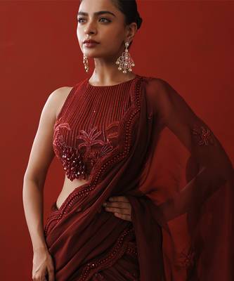 Maroon ruffle saree set 3